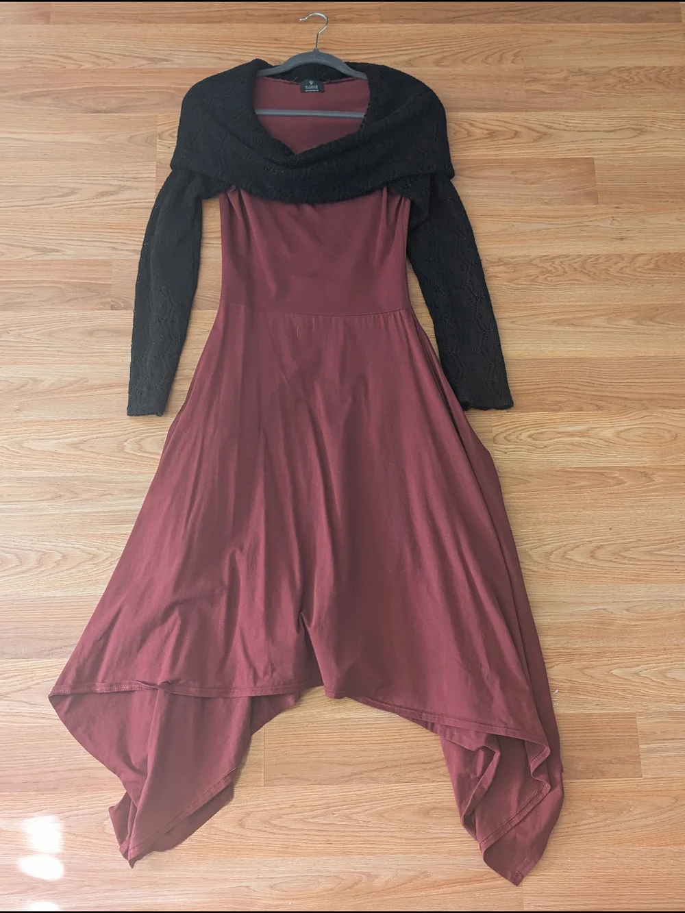 Yggdrazil Black Knit Cowl Burgundy Asymmetrical Hem Dress - Picture 1 of 3